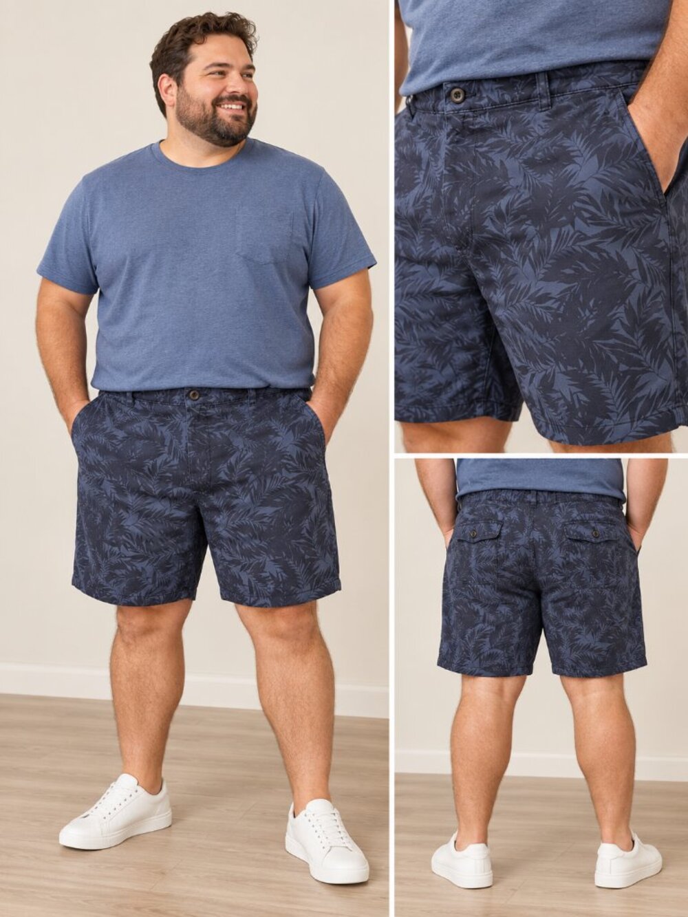 Mutual Weave Men's Navy Leaf-Print Casual Cotton Twill Shorts Size 50 Waist